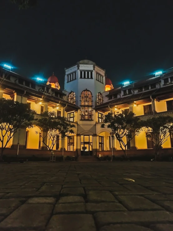 a building that has lights on inside