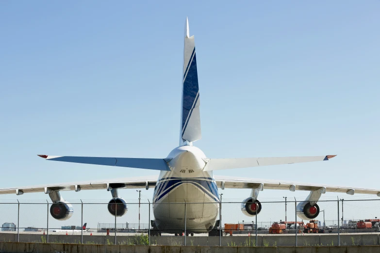 the large jet is parked on the runway