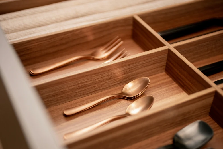 a drawer with two different spoons in it