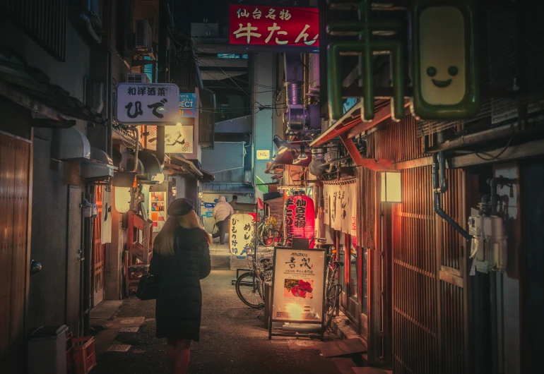 an oriental alley with several small businesses lit up