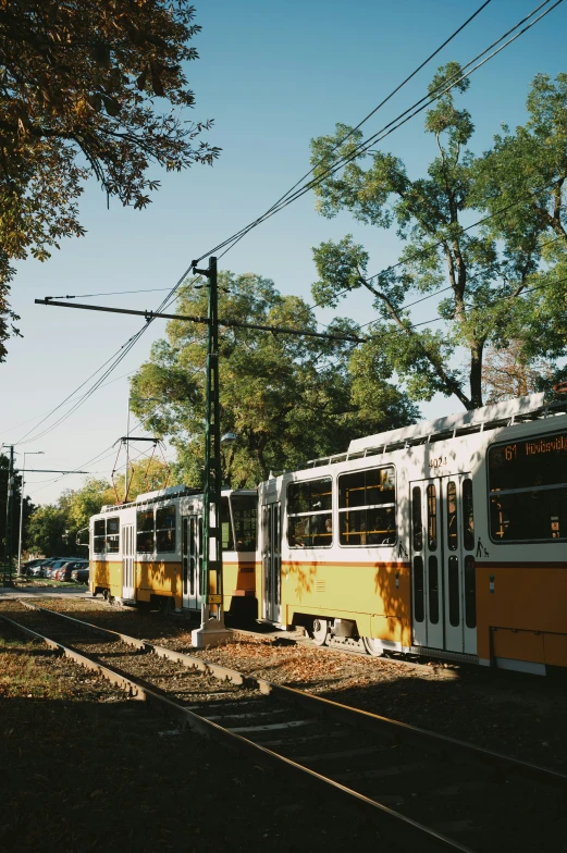 the trams are traveling on the tracks in front of trees