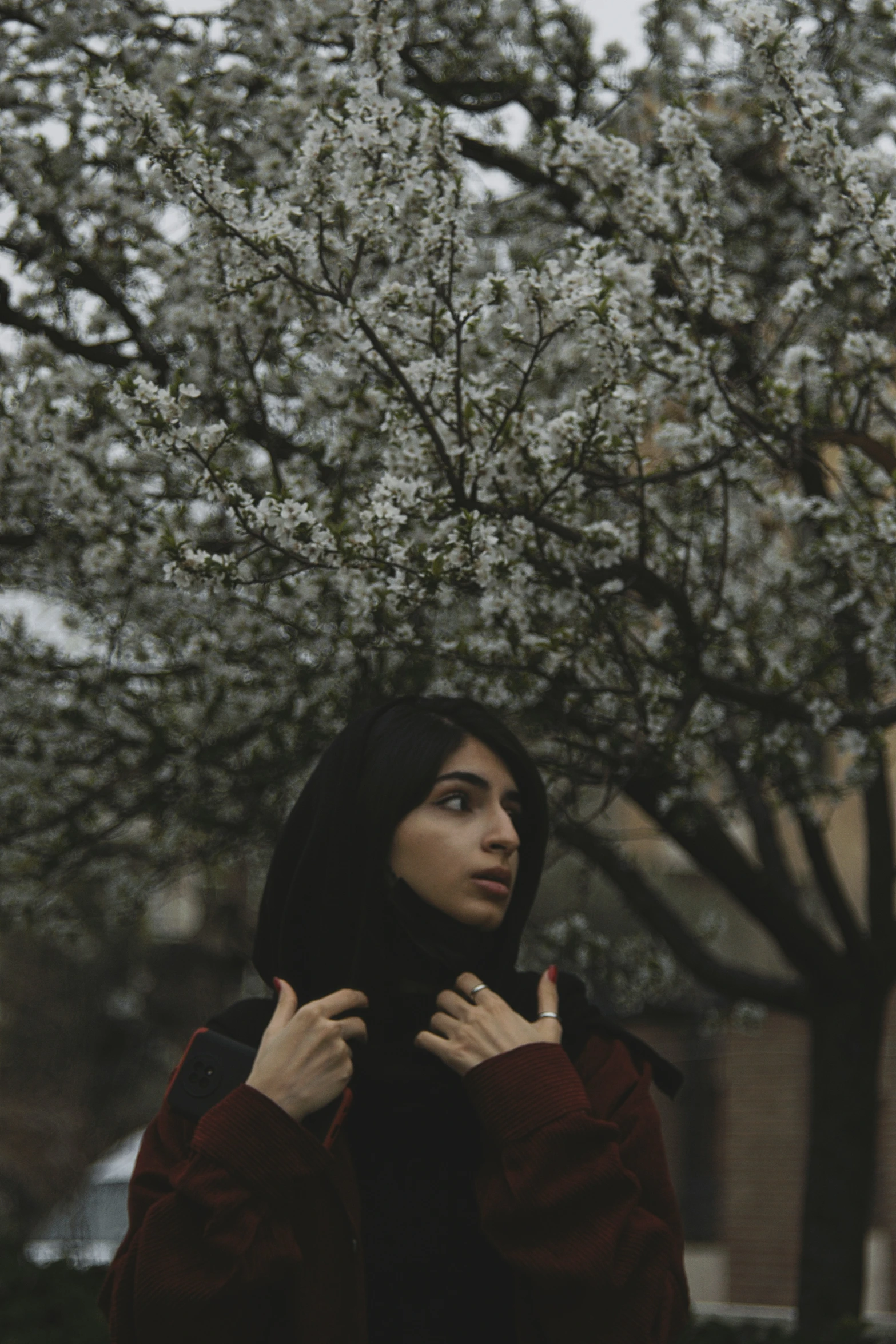 a woman looking off into the distance with trees in the background