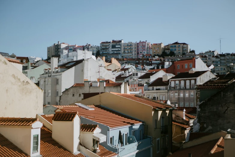 rooftops of many houses with city in the background