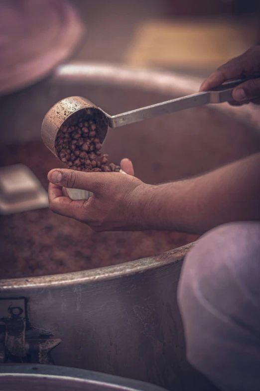 a pair of hands holding a metal scoop full of beans