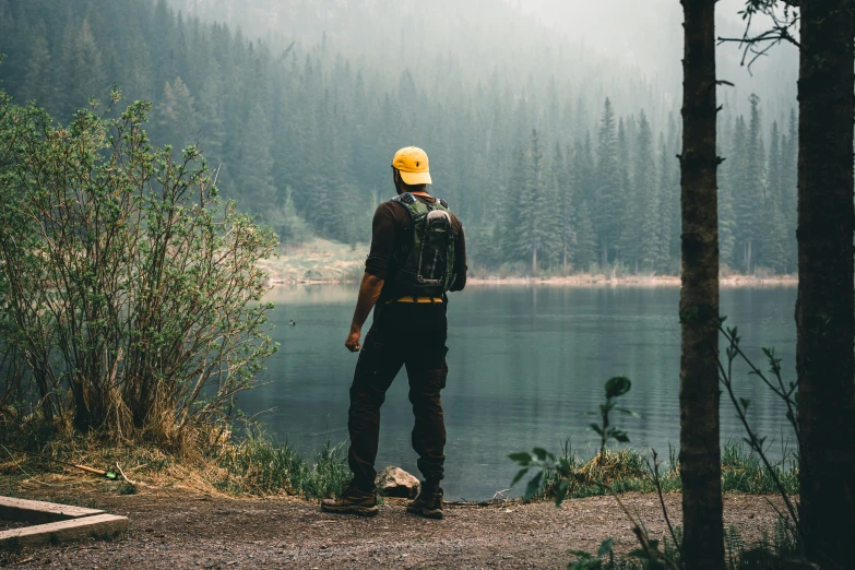 a person looking out at water in the forest