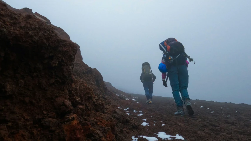 two people hiking on a snowy, rocky hill