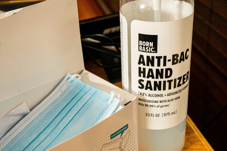 a box with an anti - bac hand sanitizer next to it