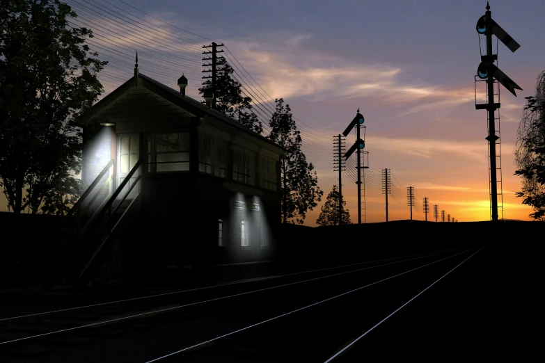 the silhouette of some train tracks and a building