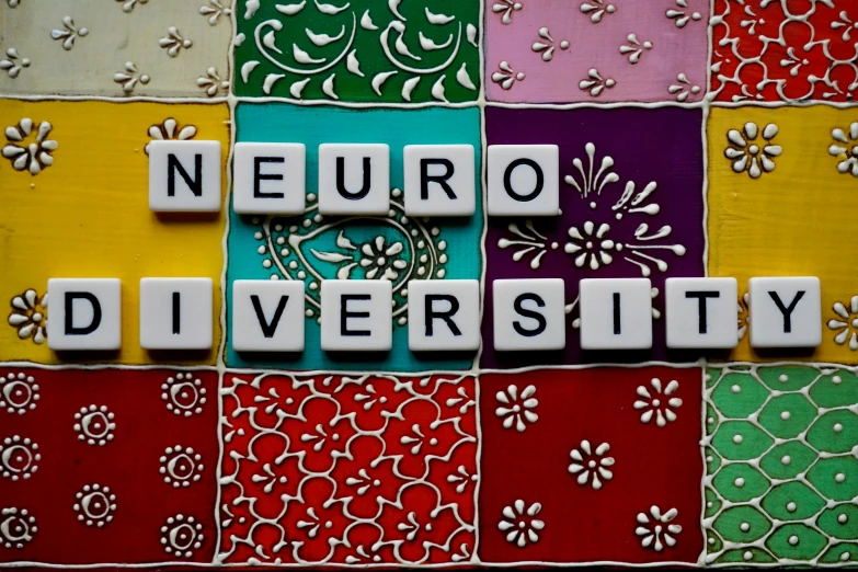 a variety of colorful squares with blocks spelling neurodiversity