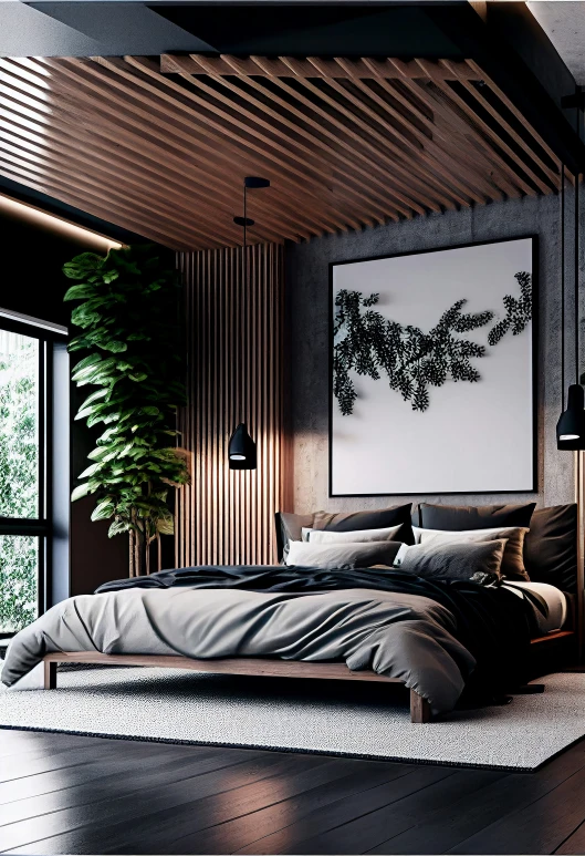 a bedroom scene with a bed, plant and large window