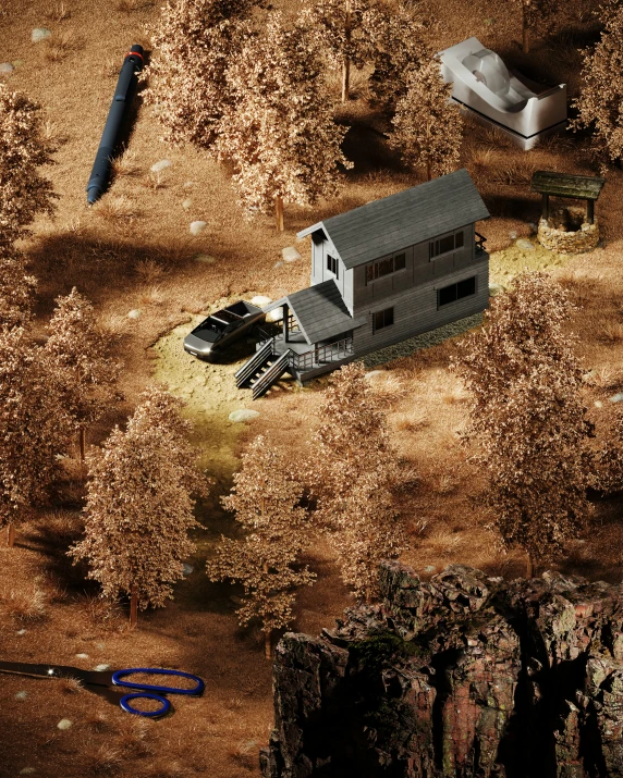an aerial view of a house on an unpaved road
