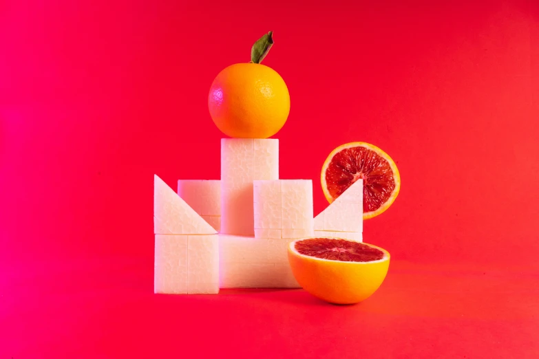 a slice of orange is standing on the top of a pyramid of blocks