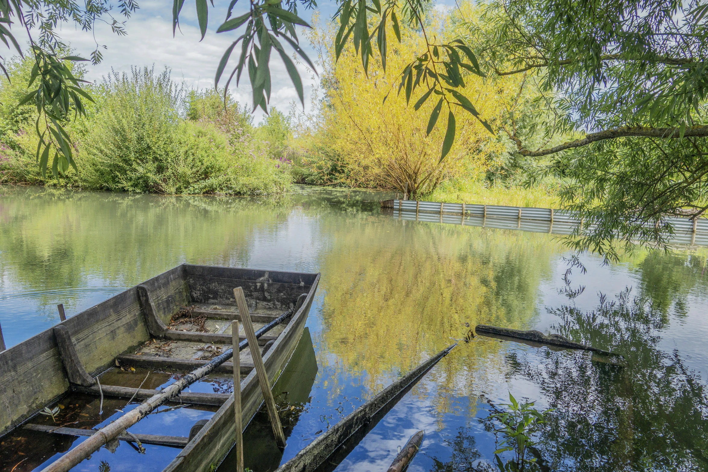 a rowboat sitting on a shore near some water