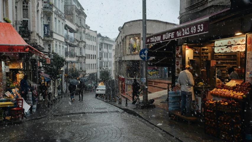 people are walking around on a rainy day