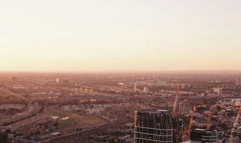 an aerial view of the city and surrounding buildings