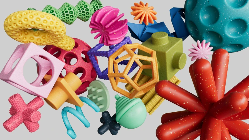 various colorful objects, with different shapes and sizes