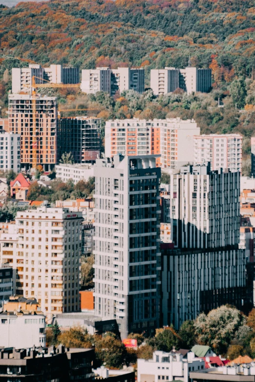 a city with tall buildings and lots of trees around