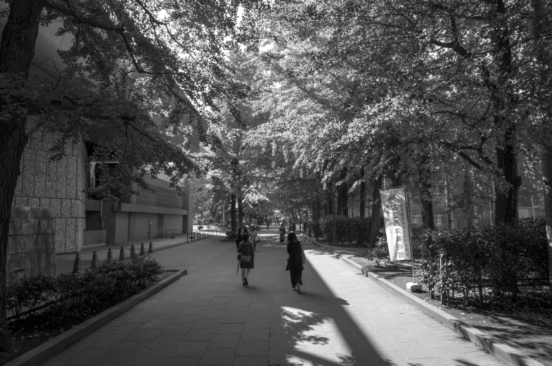 black and white image of people walking down the street