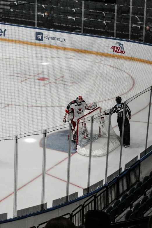 a hockey net and goal with players on it