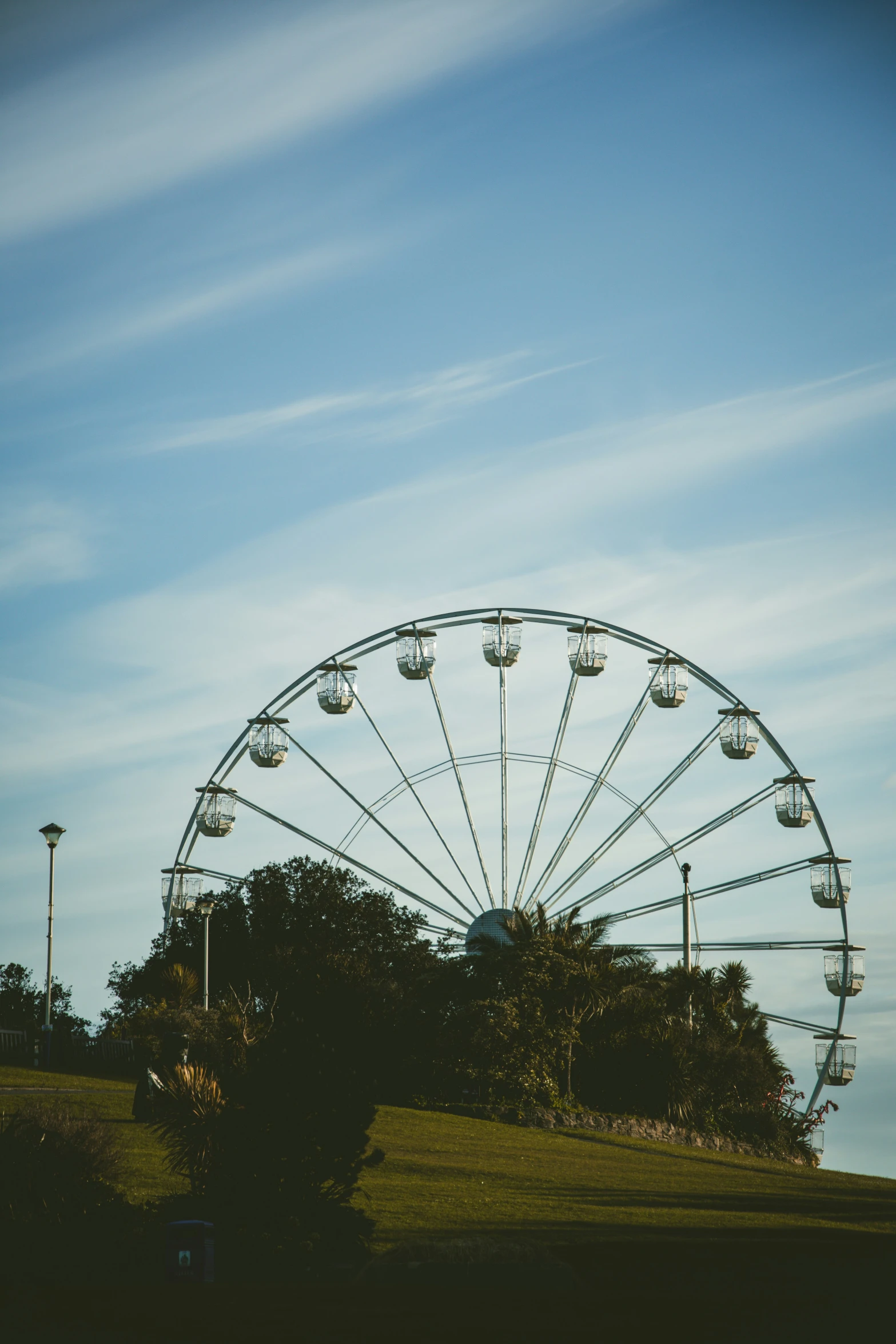 large ferris wheel with bright lights under a clear blue sky