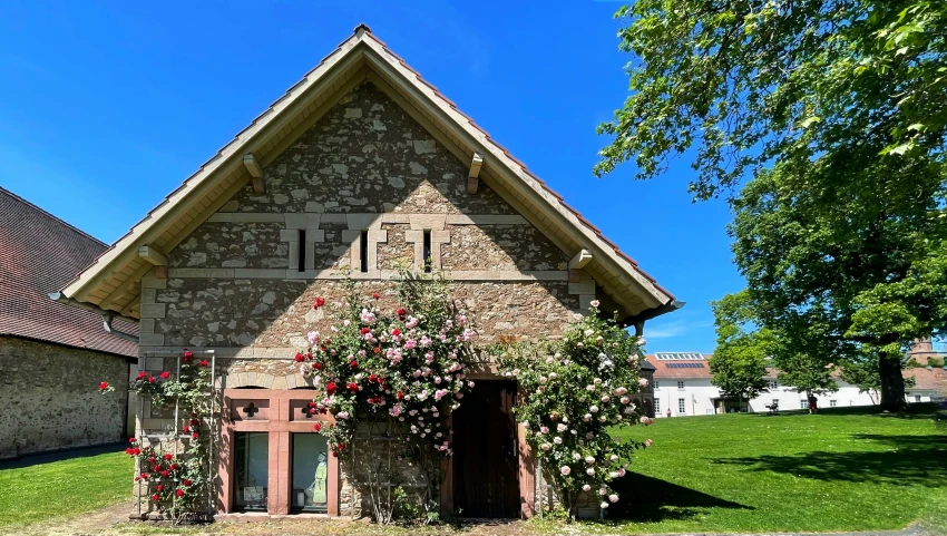 a building with ivy on the side and roses growing up the sides