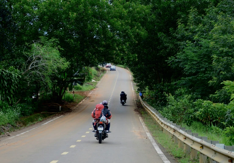 two motorcycle riders on a winding road