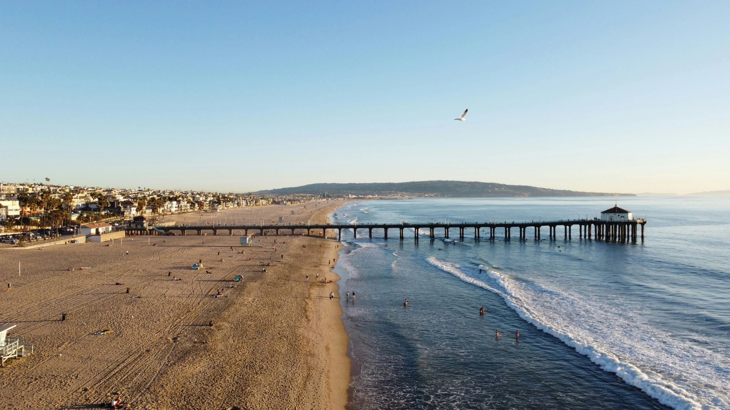 an ocean beach with a pier on the shore and birds flying around