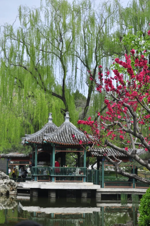 a gazebo sitting near the water surrounded by trees