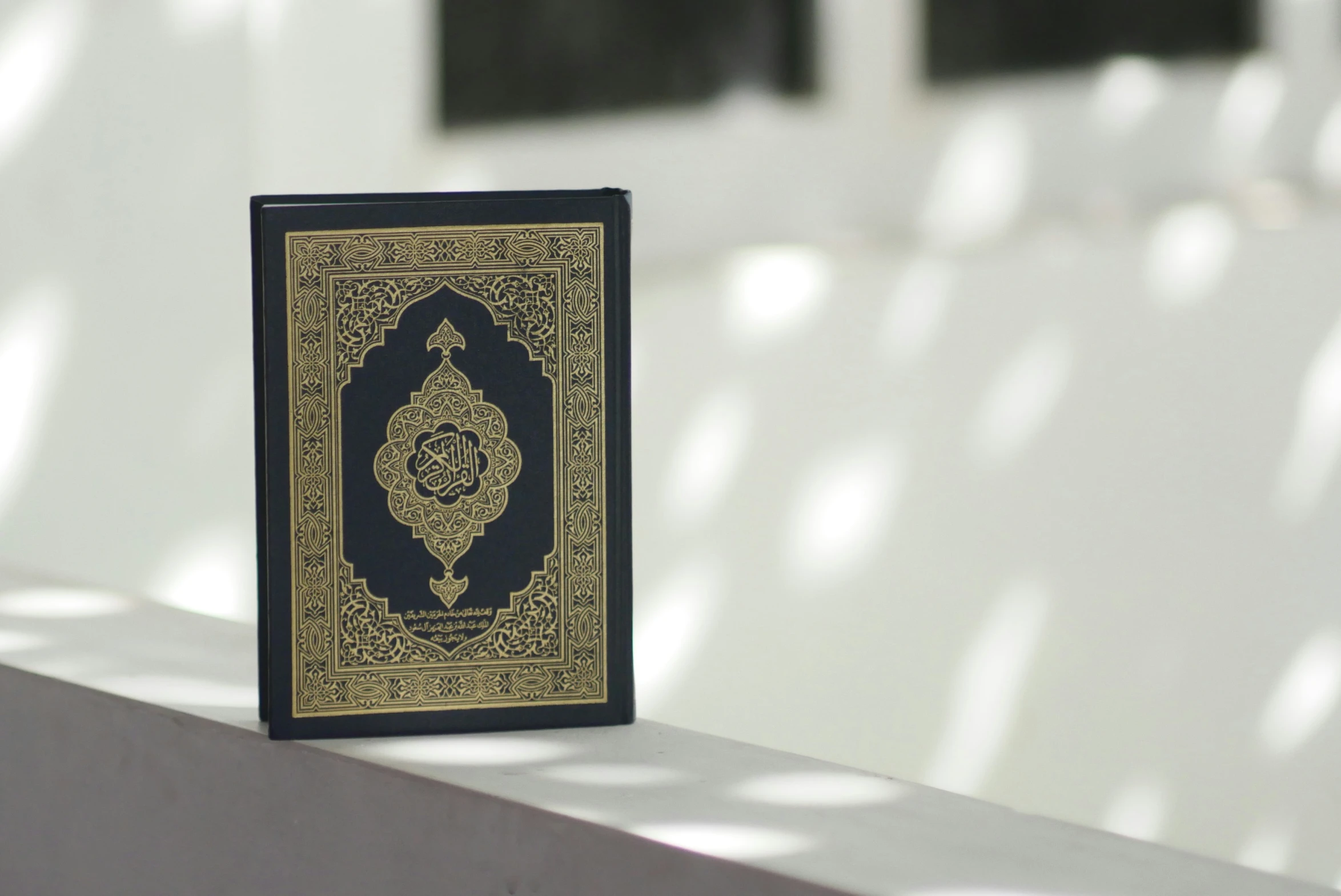 a black and gold book sitting on top of a white shelf