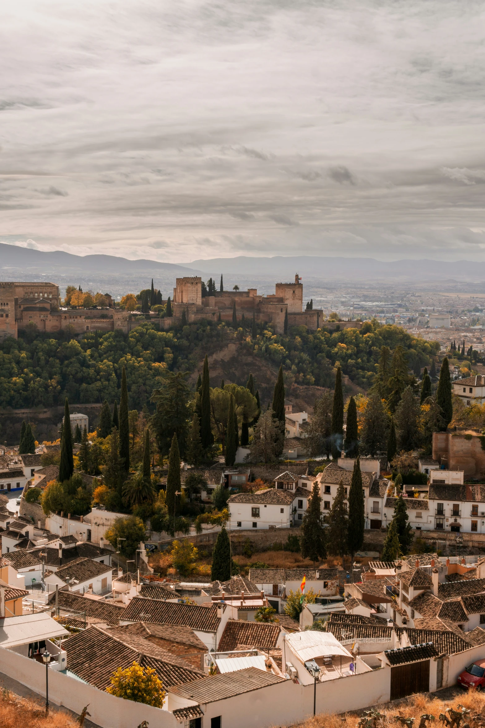 a view of a city with mountains in the distance