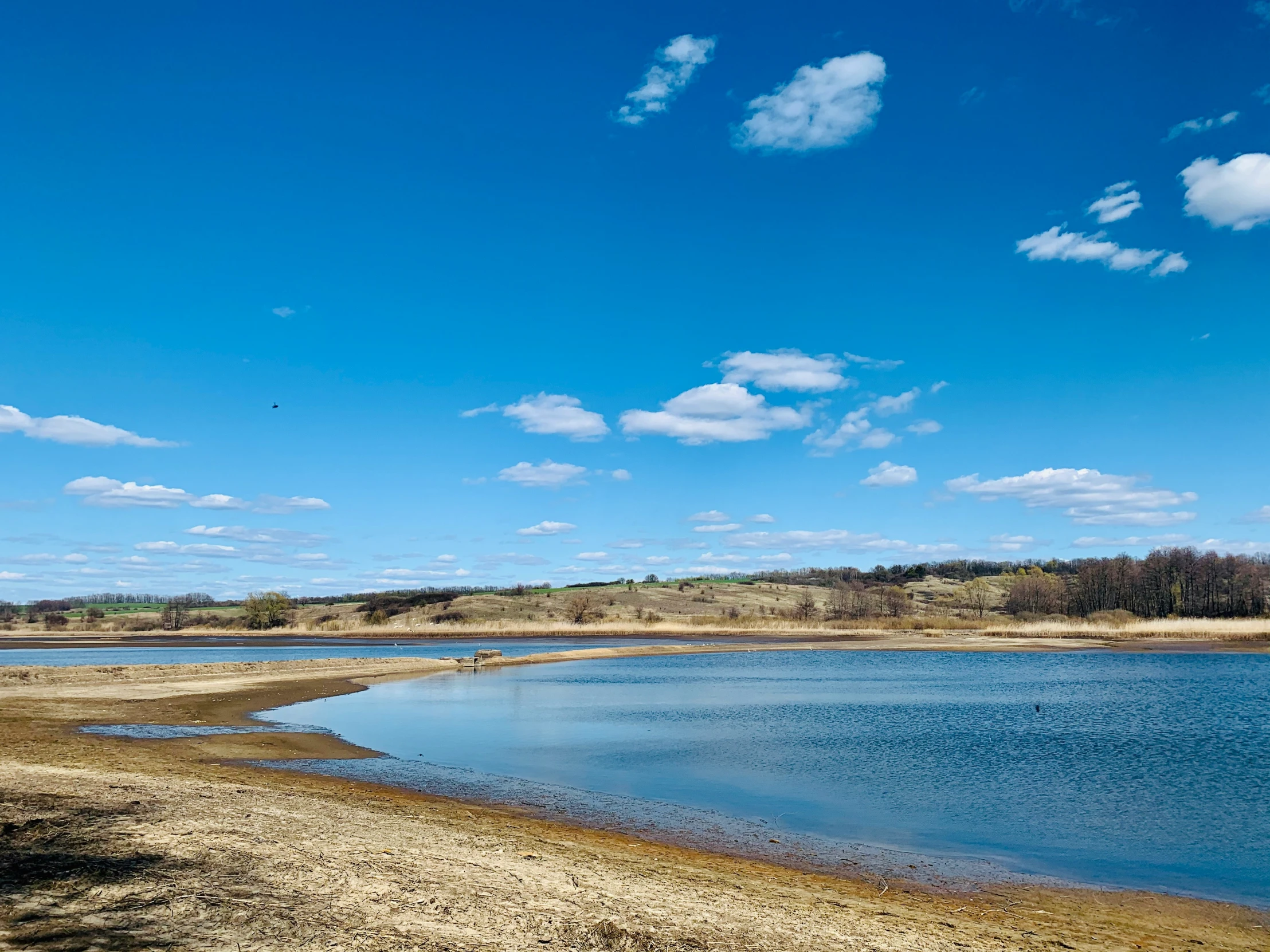 a lake is in the middle of a grassy field