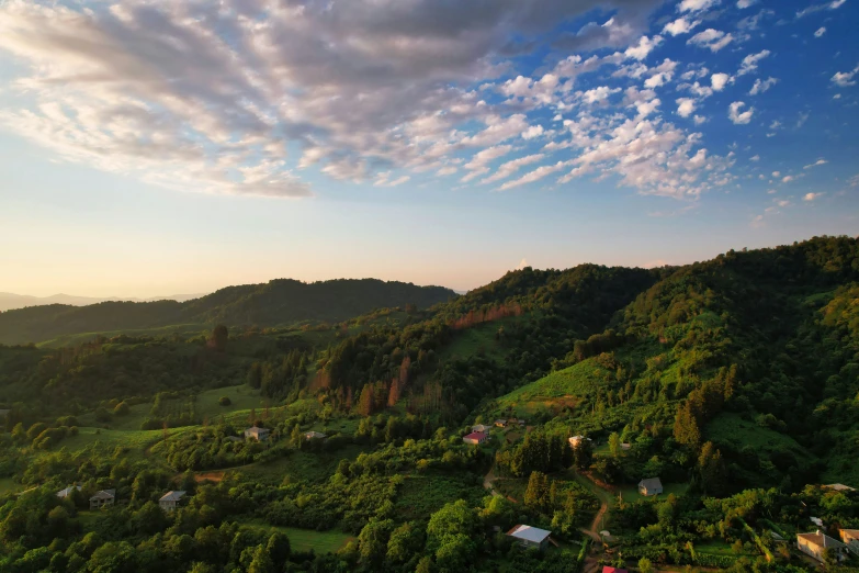 an aerial view of a green mountain and forest