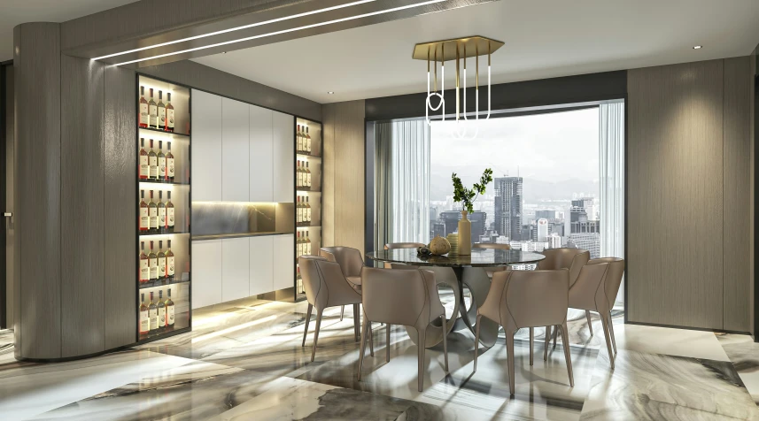 a large glass dining table next to windows in a living room