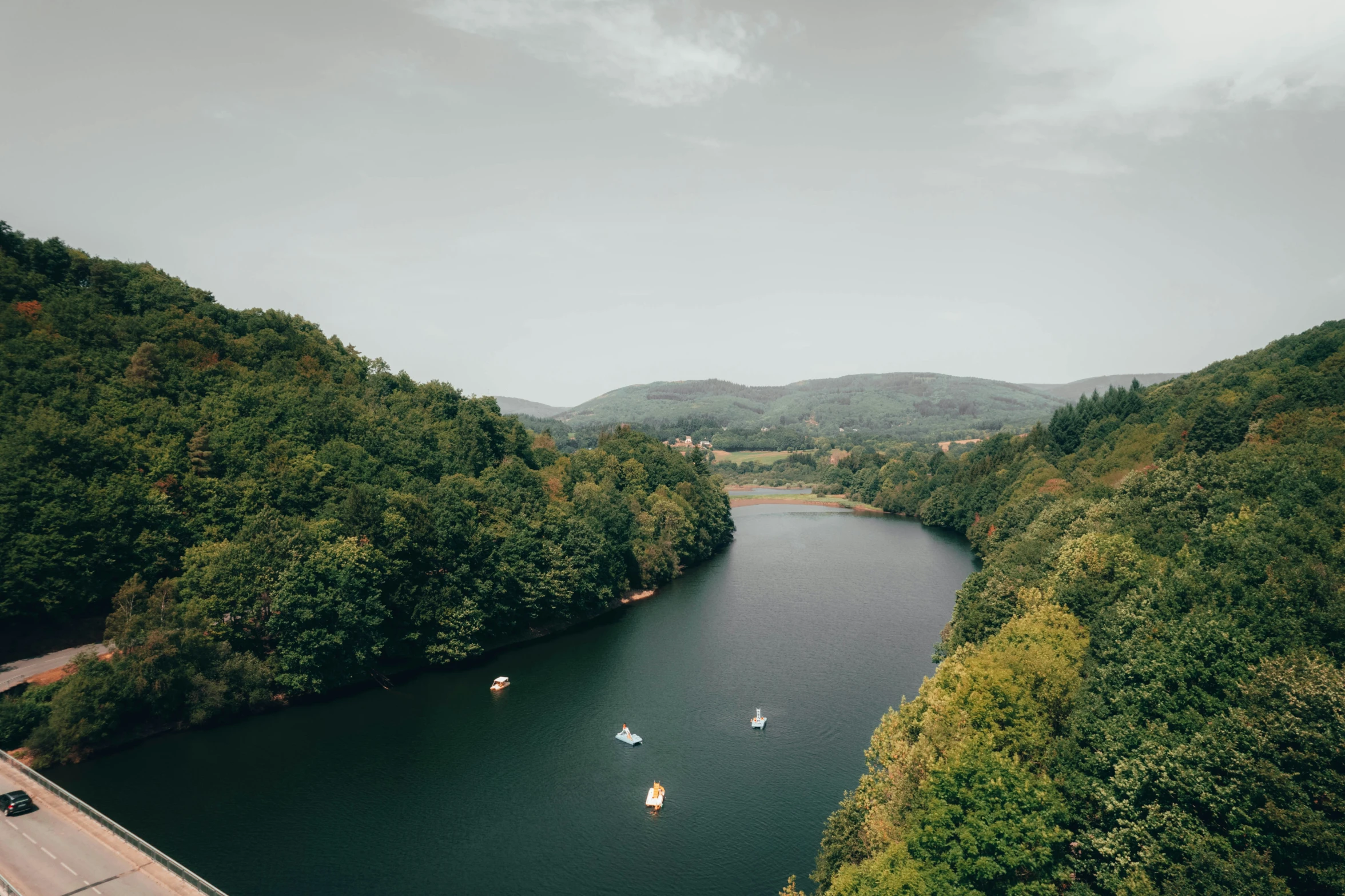 people are riding boats on the water and some trees