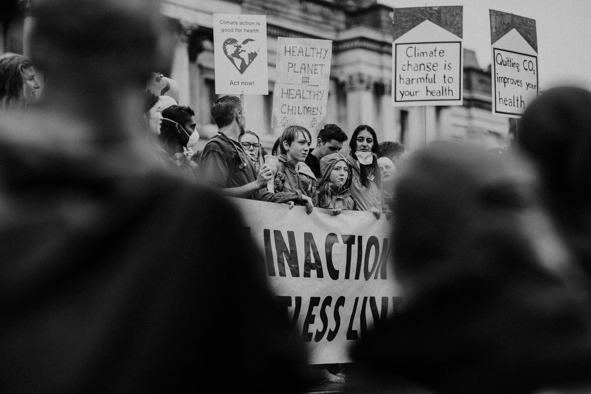 black and white po of protestors in front of the state capitol building