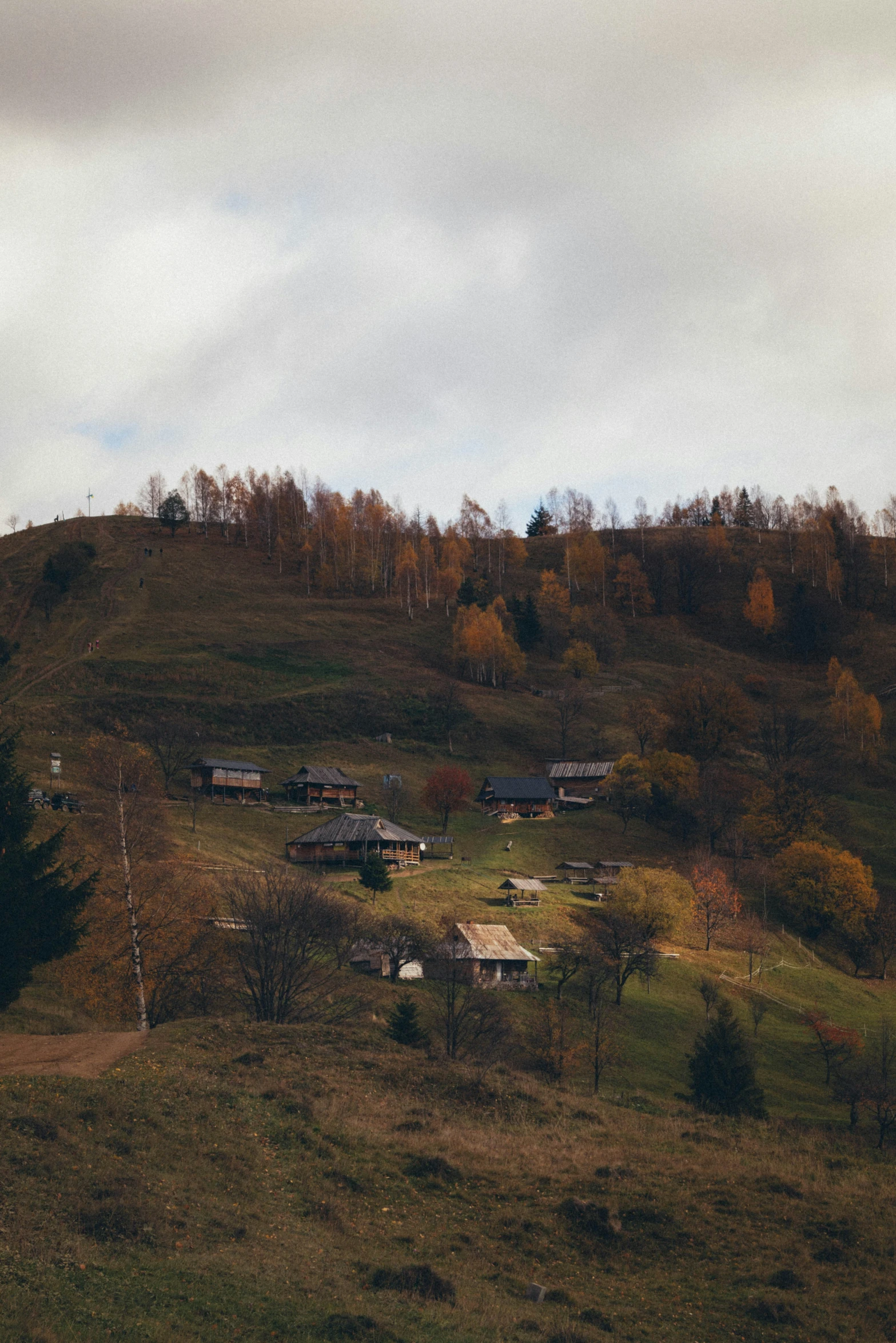 the hill is green and grassy with a small cabin on top