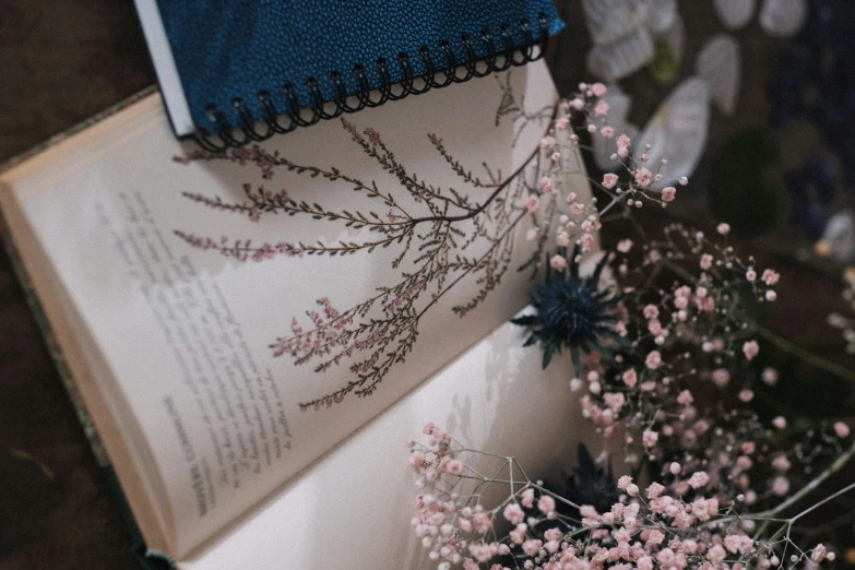 there are some flowers that is on an open book