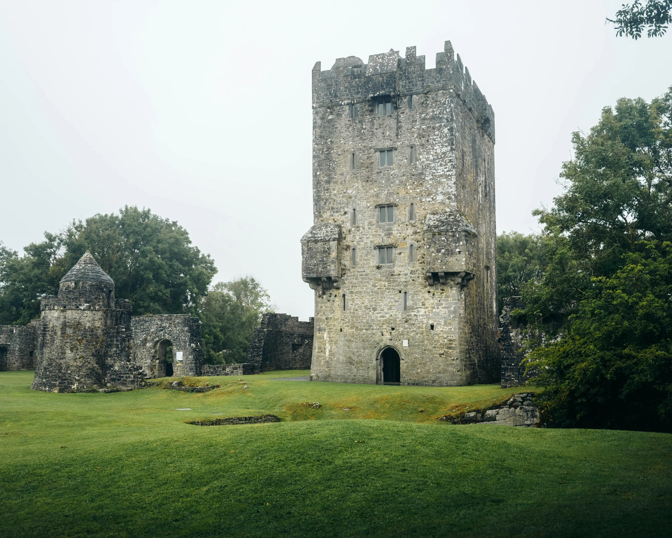 a very old castle in a field of grass