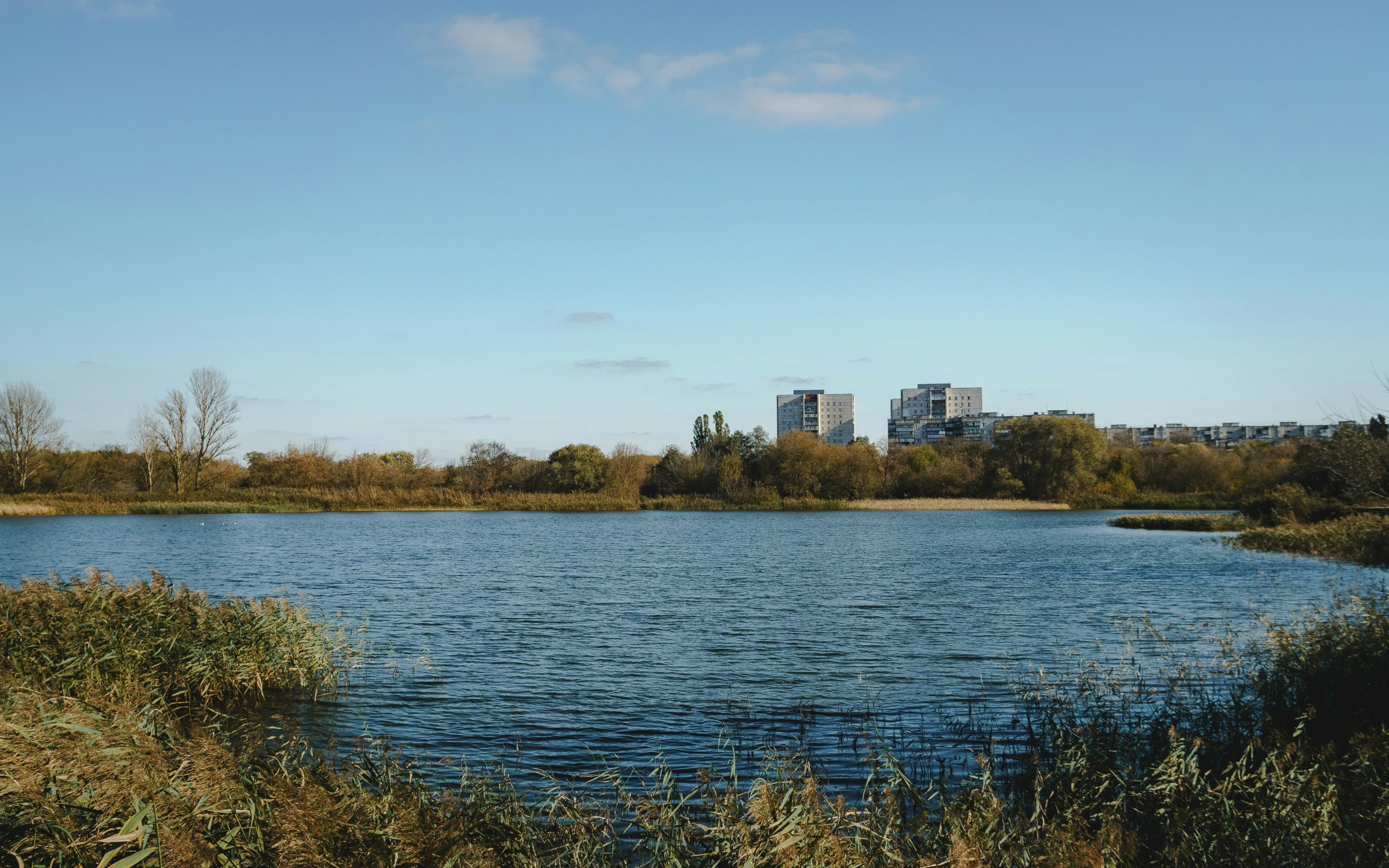 a large lake sitting next to a lush green field