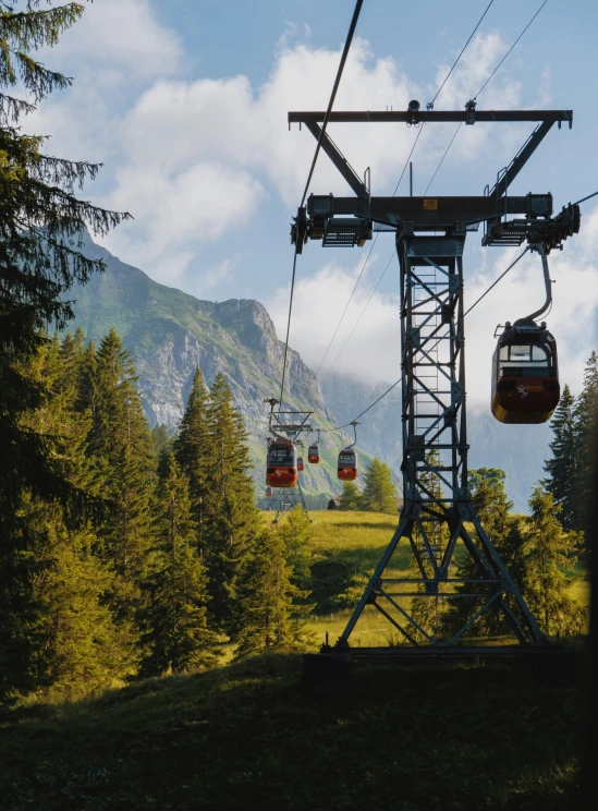 the two gondola cars are going in the opposite direction