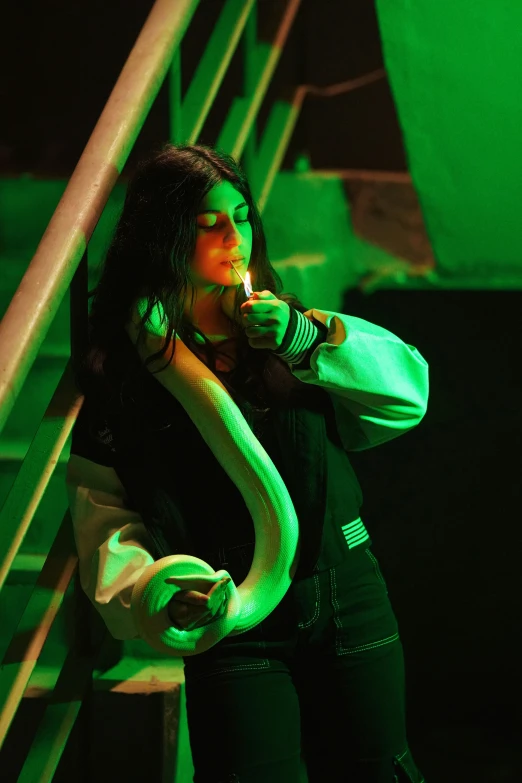 girl with green skin, smoking pipe, dark background