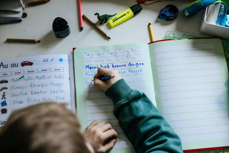 the person's hand is on top of an open notebook