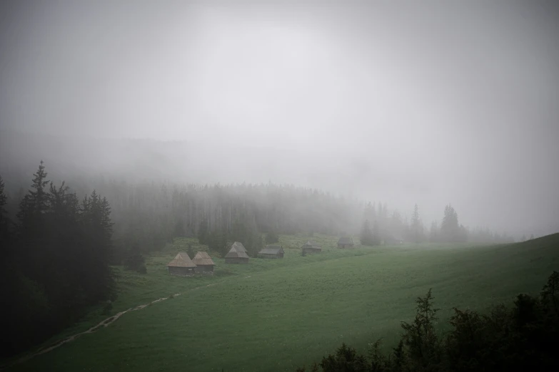 a foggy mountain field has cabins on a grassy hill