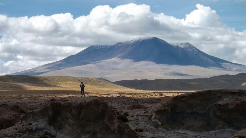 a person in a field next to some mountains