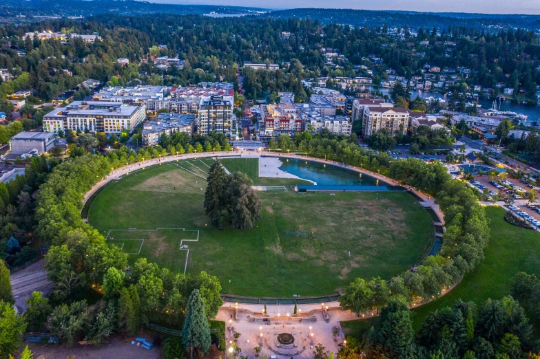 an aerial view of the circular bench area in a park