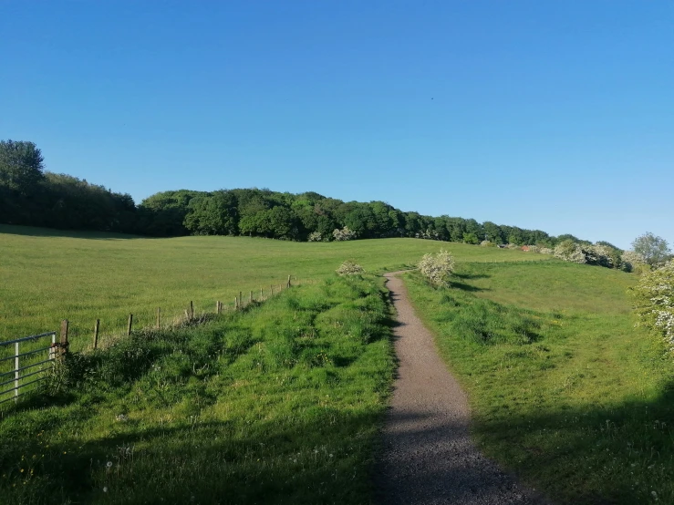 a dirt road on the side of a lush green hill