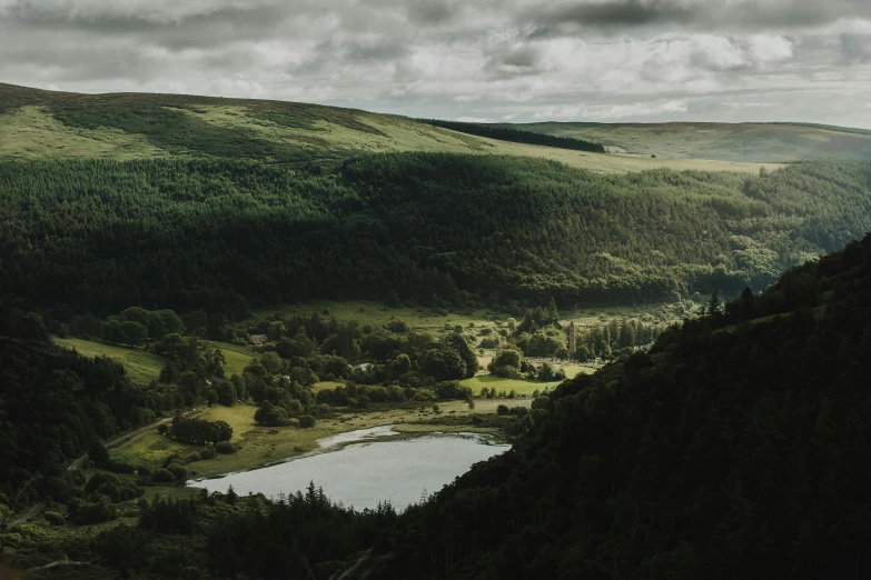 a valley and a small lake surrounded by forest