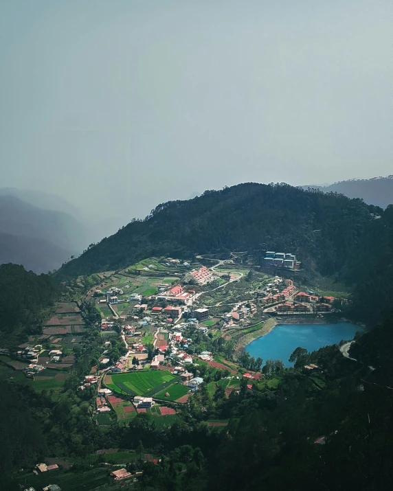 the mountains with houses and lake in the middle