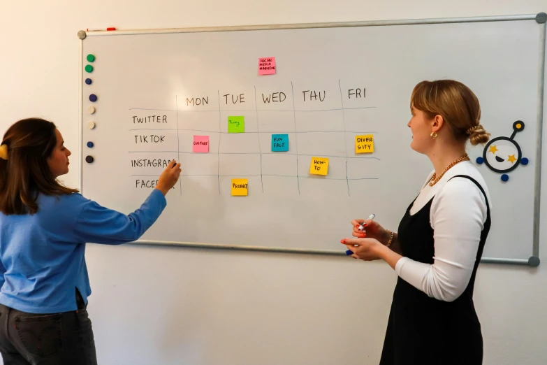 two women standing in front of a white board