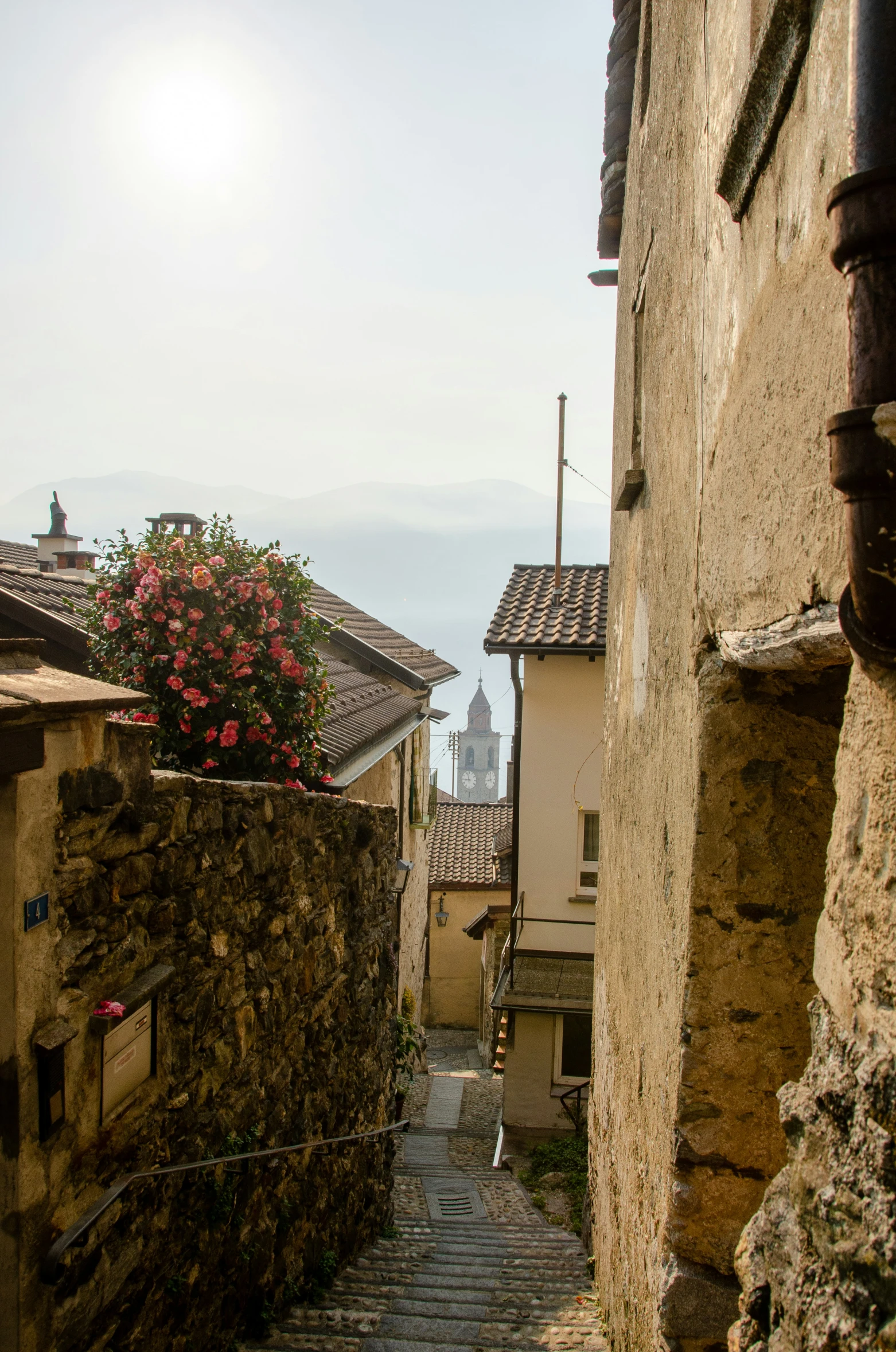 a small narrow street with some flowers on a planter next to a building